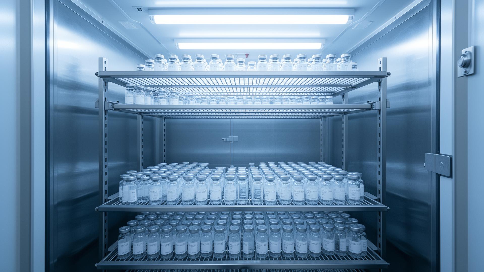 Pharmaceutical lyophilisation chamber with vials on shelves